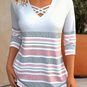 Large(8/10) Stripe Print Cross Front T-Shirt, Casual Long Sleeve Top